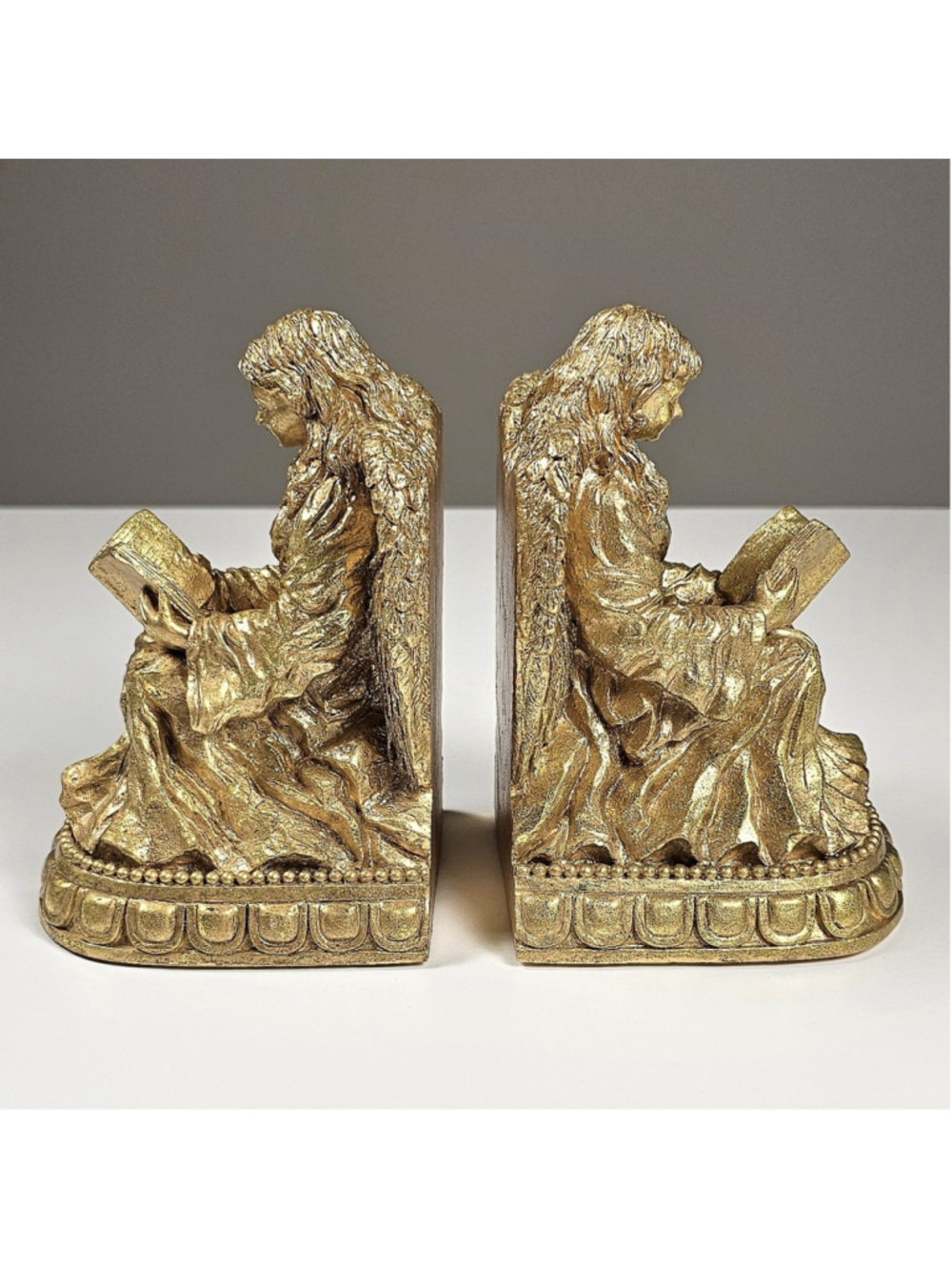 Vintage 1996 CBK Ltd Gold Reading Angels Bookends Pair Heavy Solid Resin Decor - Picture 3 of 12